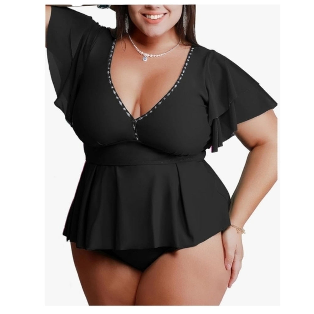 CURVAGILE - 4X Black Ruffled Tankini Swim Top (Top Only) - Picture 4 of 10